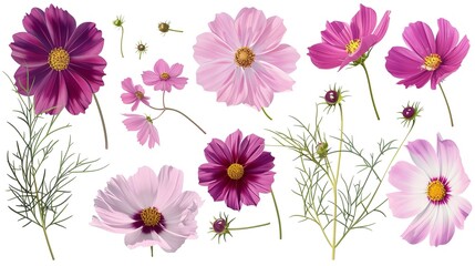 Fototapeta premium Set of cosmos elements including cosmos flowers, buds, petals, and leaves, isolated on white background