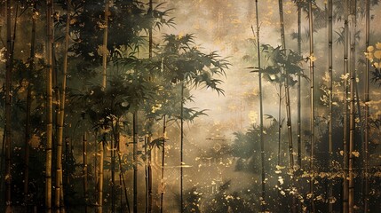 Volumetric Japanese landscape of a bamboo forest with golden elements and flowers.