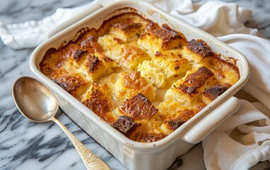 Golden and Caramelized Leftover Bread Pudding in a Baking Dish on Marble Countertop