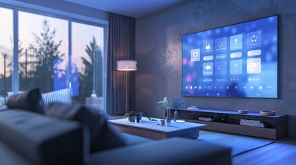 A smart screen displaying a smart home interface in a modern living room