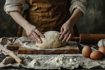 Female baker hands making dough for bread with an apron. Roller and chopping board visible in the background. Natural homemade ingredients. Dark background, brown color grading