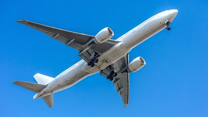 Airplane Soaring in Clear Blue Sky Viewed from Below