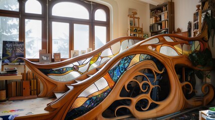 An Art Nouveau balustrade with flowing shapes and stained glass inlays enhances the artist's inspiring studio.