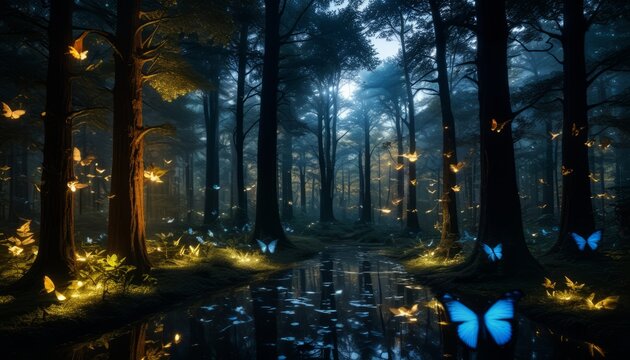 A forest with a stream of light and butterflies