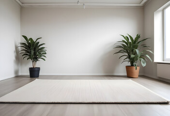 An empty livingroom with plants windows carpet Augmented reality mockup pattern frame
