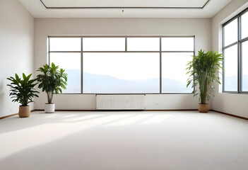 Fototapeta premium An empty livingroom with plants windows carpet Augmented reality mockup pattern frame