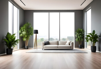 Obraz premium An empty livingroom with plants windows carpet Augmented reality mockup pattern frame