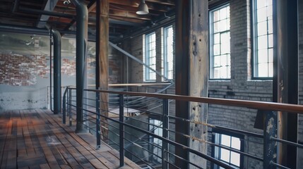 A raw steel and rough-hewn wood balustrade adds rugged elegance to a repurposed factory loft. - Powered by Adobe