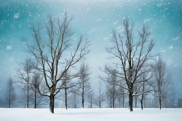 Winter landscape with barren trees, falling snowflakes, undisturbed snow, tranquil, serene beauty