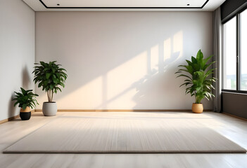 An empty livingroom with plants windows carpet Augmented reality mockup pattern frame