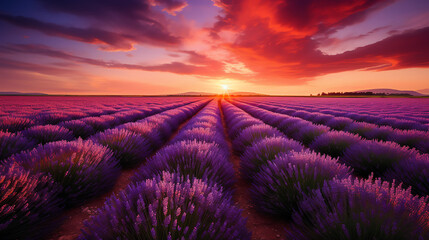 A field of lavender with a tree in the middle and the sun setting behind it.