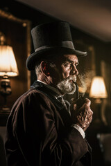 Victorian style senior man with hat smoking pipe in room at night.