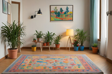 An empty livingroom with plants windows carpet Augmented reality mockup pattern frame