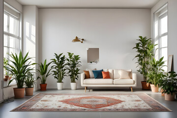 An empty livingroom with plants windows carpet Augmented reality mockup pattern frame