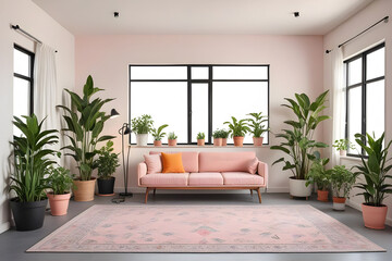 Fototapeta premium An empty livingroom with plants windows carpet Augmented reality mockup pattern frame