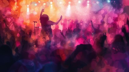 Vibrant concert crowd with hands raised under colorful watercolor lighting. Captures the energy and artistic expression of live music events and festivals.