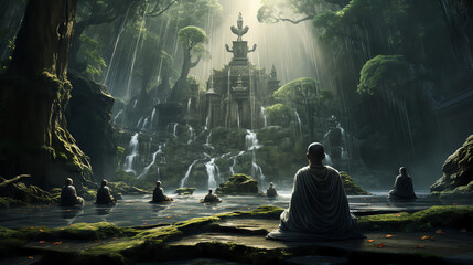 A picture of a temple in a jungle. The temple is made of stone and has a large waterfall flowing down the side of it. There is a person sitting on the ground in front of the temple meditating. - Powered by Adobe