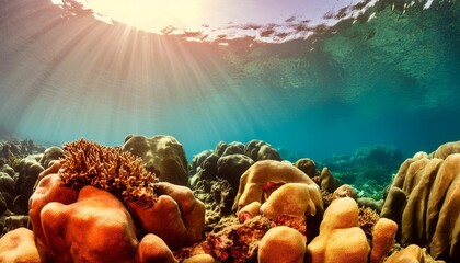 underwater scene with rocks corals and sun light tropical blue sea - Powered by Adobe