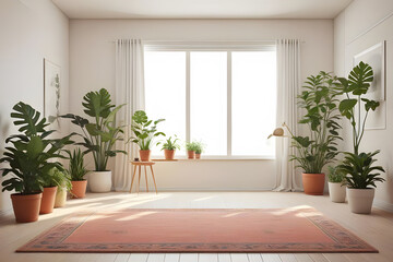 An empty livingroom with plants windows carpet Augmented reality mockup pattern frame