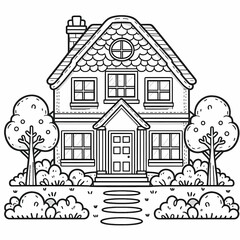 Fototapeta premium Charming Cottage Coloring Page with Garden for Kids