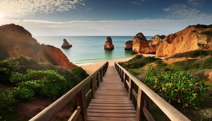 wooden footbridge to beautiful beach praia do camilo near lagos - Powered by Adobe