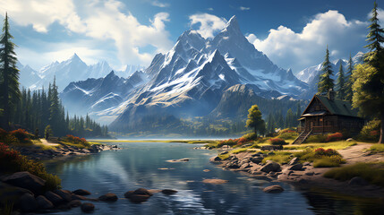 A beautiful digital painting of a mountain landscape. There is a lake in the foreground, with a...