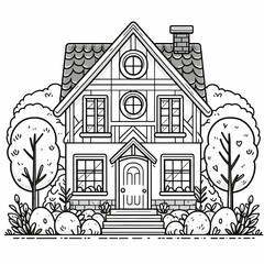 Naklejka premium Charming Cottage Coloring Page with Garden for Kids
