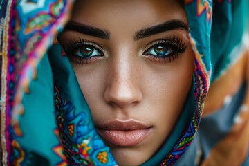 Closeup of a woman with captivating blue eyes, wrapped in a colorful scarf
