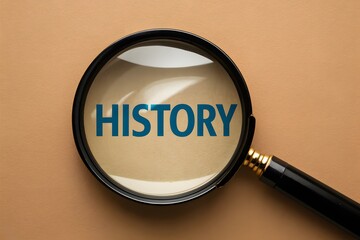 A classic magnifying glass with bold blue HISTORY text on beige background