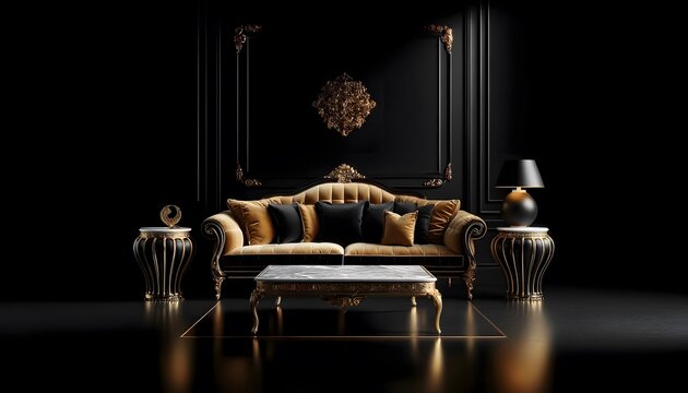An opulent composition of luxury furniture with a gold and black color scheme, featuring an elegant sofa, side tables, and decorative elements in a sophisticated setting.