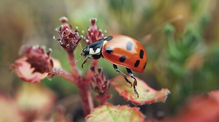   Ladybug close-up on leafy plant with flowers in the foreground