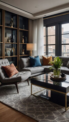 Sleek and stylish living space in a townhouse, featuring modern decor and furnishings.