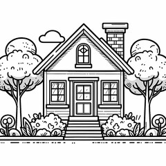 Naklejka premium Charming Cottage Coloring Page with Garden for Kids
