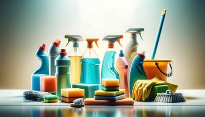 A vibrant composition of various cleaning supplies including sprays, sponges, and brushes, ideal for household cleaning product advertisements.