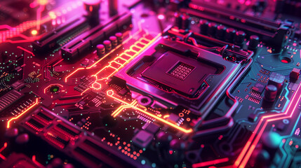Obraz premium motherboard chip in neon shades near microcircuit