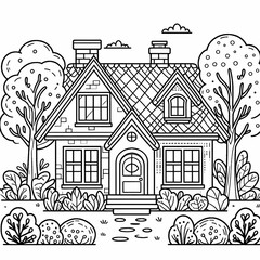 Fototapeta premium Charming Cottage Coloring Page with Garden for Kids