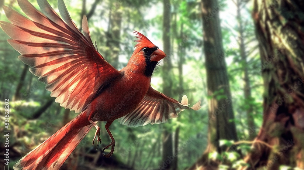 Wall mural   A crimson avian spreads its wings against a verdant backdrop of towering arboreal giants