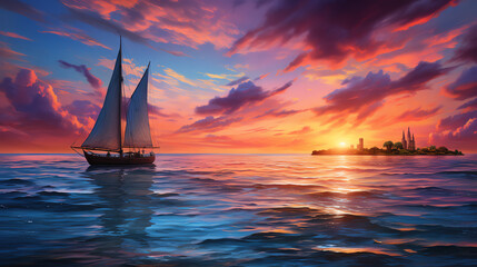 A wooden sailboat with white sails is on a calm sea at sunset.

