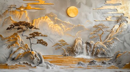 Japanese-style stucco molding on the wall, bonsai, mountains, sunset.