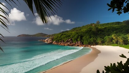 anse takamaka beach on praslin island in seychelles