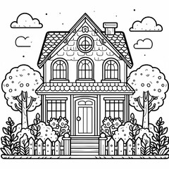 Fototapeta premium Charming Cottage Coloring Page with Garden for Kids