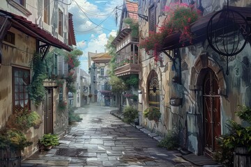 Fototapeta premium Digital illustration of a picturesque cobblestone alley with flowering balconies in a charming old european town