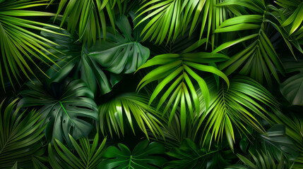 Beautiful green palm leaves in tropical forest background, nature concept banner. close up. high detail, ultra realistic photo