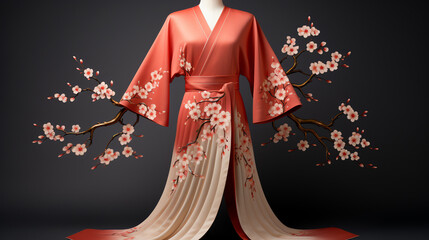 A floor-length kimono with a floral pattern. The kimono is mostly red with white and pink flowers and has a white and grey floral obi.

