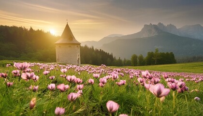 magical landscape with a field of pink flowers - Powered by Adobe