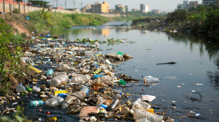 Heavily polluted water, waste, plastic everywhere