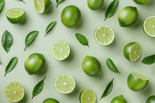 Fresh green limes overhead view - flat lay, limon