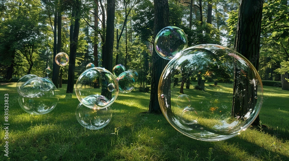 Poster a collection of soap bubbles bobbing in the sky amidst a lush field with trees and grass in the back