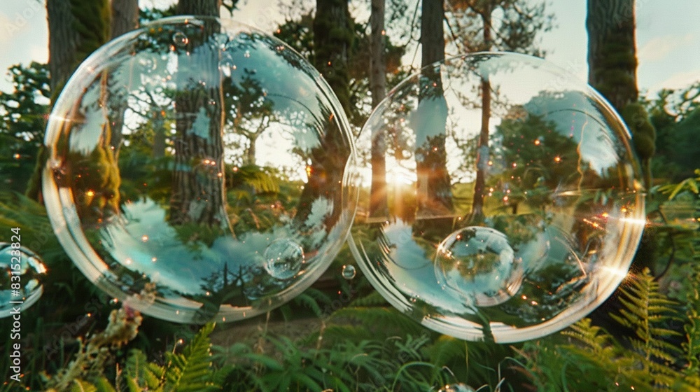 Poster group of bubbles floating in front of trees & grassy area with trees & bushes in background