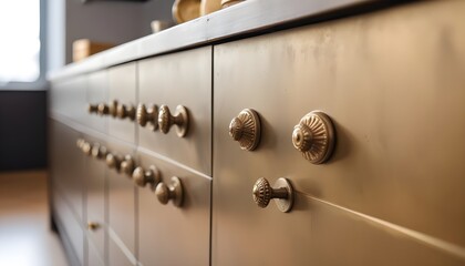 Metal shelves with brass knobs against a blurred background